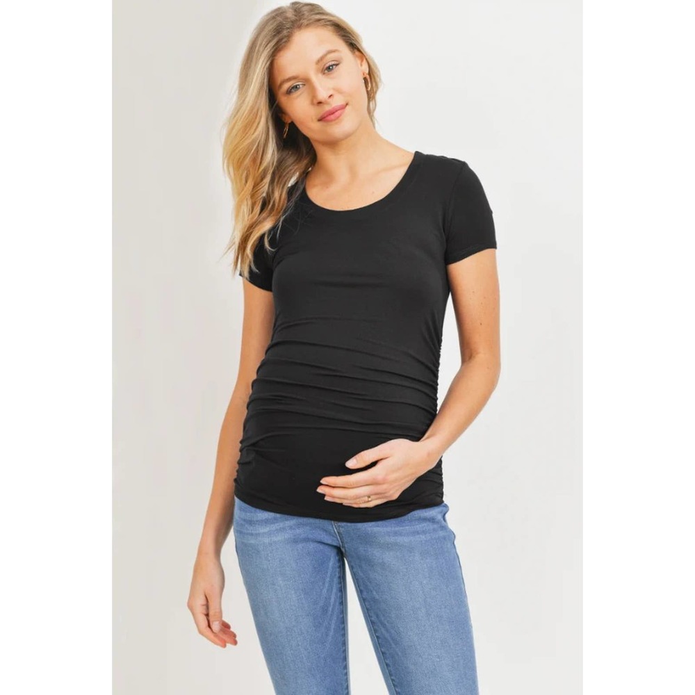 NWT Hello Miz Round Neck Ruched Side Short Sleeve Maternity Top Black Large